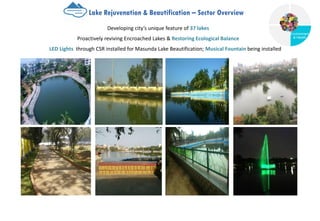 Lake Rejuvenation & Beautification – Sector Overview
Developing city’s unique feature of 37 lakes
Proactively reviving Encroached Lakes & Restoring Ecological Balance
LED Lights through CSR installed for Masunda Lake Beautification; Musical Fountain being installed
Governance
Environment
& Health
Health
 