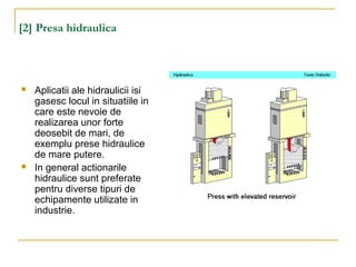 [2] Presa hidraulica
 Aplicatii ale hidraulicii isi
gasesc locul in situatiile in
care este nevoie de
realizarea unor forte
deosebit de mari, de
exemplu prese hidraulice
de mare putere.
 In general actionarile
hidraulice sunt preferate
pentru diverse tipuri de
echipamente utilizate in
industrie.
 