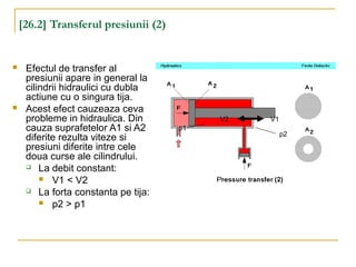 [26.2] Transferul presiunii (2)
 Efectul de transfer al
presiunii apare in general la
cilindrii hidraulici cu dubla
actiune cu o singura tija.
 Acest efect cauzeaza ceva
probleme in hidraulica. Din
cauza suprafetelor A1 si A2
diferite rezulta viteze si
presiuni diferite intre cele
doua curse ale cilindrului.
 La debit constant:
 V1 < V2
 La forta constanta pe tija:
 p2 > p1
p1
p2
V2 V1
 