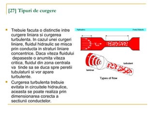 [27] Tipuri de curgere
 Trebuie facuta o distinctie intre
curgere liniara si curgerea
turbulenta. In cazul unei curgeri
liniare, fluidul hidraulic se misca
prin conducta in straturi liniare
concentrice. Daca viteza fluidului
depaseste o anumita viteza
critica, fluidul din zona centrala
va tinde sa se duca spre peretii
tubulaturii si vor apare
turbulente.
 Curgerea turbulenta trebuie
evitata in circuitele hidraulice,
aceasta se poate realiza prin
dimensionarea corecta a
sectiunii conductelor.
 