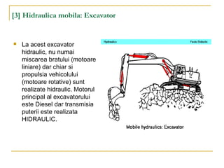 [3] Hidraulica mobila: Excavator
 La acest excavator
hidraulic, nu numai
miscarea bratului (motoare
liniare) dar chiar si
propulsia vehicolului
(motoare rotative) sunt
realizate hidraulic. Motorul
principal al excavatorului
este Diesel dar transmisia
puterii este realizata
HIDRAULIC.
 