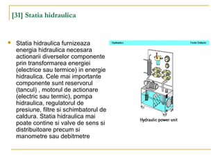 [31] Statia hidraulica
 Statia hidraulica furnizeaza
energia hidraulica necesara
actionarii diverselor componente
prin transformarea energiei
(electrice sau termice) in energie
hidraulica. Cele mai importante
componente sunt reservorul
(tancul) , motorul de actionare
(electric sau termic), pompa
hidraulica, regulatorul de
presiune, filtre si schimbatorul de
caldura. Statia hidraulica mai
poate contine si valve de sens si
distribuitoare precum si
manometre sau debitmetre
 