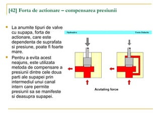 [42] Forta de actionare – compensarea presiunii
 La anumite tipuri de valve
cu supapa, forta de
actionare, care este
dependenta de suprafata
si presiune, poate fi foarte
mare.
 Pentru a evita acest
neajuns, este utilizata
metoda de compensare a
presiunii dintre cele doua
parti ale supapei prin
intermediul unui canal
intern care permite
presiunii sa se manifeste
si deasupra supapei.
 