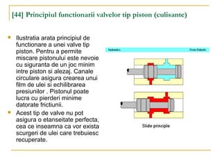 [44] Principiul functionarii valvelor tip piston (culisante)
 Ilustratia arata principiul de
functionare a unei valve tip
piston. Pentru a permite
miscare pistonului este nevoie
cu siguranta de un joc minim
intre piston si alezaj. Canale
circulare asigura crearea unui
film de ulei si echilibrarea
presiunilor . Pistonul poate
lucra cu pierderi minime
datorate frictiunii.
 Acest tip de valve nu pot
asigura o etanseitate perfecta,
cea ce inseamna ca vor exista
scurgeri de ulei care trebuiesc
recuperate.
 