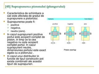 [45] Suprapunerea pistonului (plungerului)
 Caracteristica de schimbare a
caii este afectata de gradul de
suprapunere a pistonului.
 Suprapunerea poate fi:
 pozitiva
 negativa,
 neutra (zero).
 In cazul suprapunerii pozitive
portul este acoperit complet de
piston, in timp ce la cea
negativa nu este acoperit
complet portul. In cazul
suprapunerii neutre,
dimensiunea portului este exact
egala cu a pistonului .
 In cazul unui distribuitor in
functie de tipul constructiv pot
exista combinatii ale acestor
tipuri de suprapuneri.
 