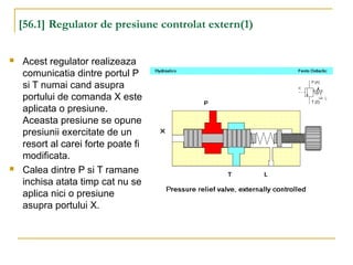 [56.1] Regulator de presiune controlat extern(1)
 Acest regulator realizeaza
comunicatia dintre portul P
si T numai cand asupra
portului de comanda X este
aplicata o presiune.
Aceasta presiune se opune
presiunii exercitate de un
resort al carei forte poate fi
modificata.
 Calea dintre P si T ramane
inchisa atata timp cat nu se
aplica nici o presiune
asupra portului X.
 
