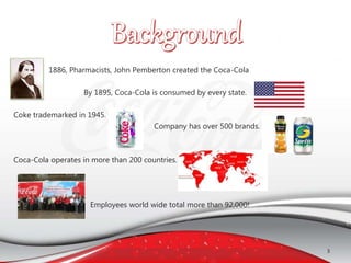 1886, Pharmacists, John Pemberton created the Coca-Cola
By 1895, Coca-Cola is consumed by every state.
Coke trademarked in 1945.
Company has over 500 brands.
Coca-Cola operates in more than 200 countries.
Employees world wide total more than 92,000!
3
 
