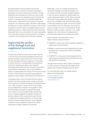 by working closely with local academia and research                 additionally, as part of a strategic partnership with
institutions, novus contributes to the basic knowledge on           international ingredients manufacturer KitoZyme, we
physiology and nutritional requirements of the fish. through        are working to further the science and global supply of
interactions with local producers and farmers, novus is able        a new chitin-glucan ingredient for healthy arteries and
to target its resources into developing solutions that help the     overall cardiovascular health. In 2010, stratum launched
industry. For example, novus has successfully helped thai           the first-ever human double-blind, placebo controlled
shrimp farmers mitigate white Feces syndrome through the            clinical trial on artInIa™ with world renowned experts
introduction of a proprietary organic acid blend. understanding     on fiber and cardiovascular health. the trial was initiated
that feed cost is a major investment for producers, novus shares    at three different sites with 120 people. one of the key
its expertise in diet formulation and supplementation to assist     areas to be tested in this trial is the potential for stratum
feedmills and farmers in reducing feed costs while maintaining      nutrition’s product to deliver a reduction in lDl, widely
high quality feeds. such work advances the overall sustainability   regarded as the “bad” element of cholesterol which
of the aquaculture industry and assists producers in achieving      promotes health problems and cardiovascular disease.
compliance with new aquaculture certification standards.
                                                                    stratum nutrition’s three key products are as
                                                                    highly innovative as they are effective:

Improving the quality                                               • artInIa™ is a high-purity, natural, vegetarian ingredient to
of life through food and                                              support heart and overall health.

supplement innovation                                               • neM® is a natural food-sourced ingredient that has been
                                                                      clinically proven to improve joint comfort and flexibility
                                                                      within 10 days.
through stratum nutrition, novus partners with customers
in the consumer food industry by providing functional and           • teaFense™ is a unique green tea and pepper blend for

specialty ingredients used to enhance the nutritional value           healthy aging and longevity through cell protection and a

of foods, beverages and dietary supplements. the purpose              safe and efficient antioxidant.

of stratum nutrition is to provide health through nutrition         through stratum nutrition, novus makes a contribution
solutions for people by leveraging unique ingredient                to human nutrition to improve both the health and the
technologies and scientific and clinical research. During 2010,     quality of life of millions of people around the world.
stratum nutrition expanded its sales of over 20 different
products to approximately 20 countries in the americas, europe      For more information about our strategic partners,
and asia. stratum nutrition serves both small supplement            please visit the esM website:
producers as well as global multinational food manufacturers.       www.esmingredients.com
                                                                    and the KytoZyme website:
sustainable products within the stratum nutrition product           www.kitozyme.com
portfolio have been launched through strategic partnerships
with companies such as esM technologies and KitoZyme based
on an “open innovation” model wherein the partnerships
are truly collaborative, transparent and equitable. In 2002,
esM technologies discovered the patented technology
which utilizes an environmentally friendly manufacturing
process to separate eggshells and eggshell membrane to
optimize utilization of the nutrients within each. this led
to collaboration to globally expand the use of esM’s egg-
derived nutritional ingredients based on natural eggshell
membrane in dietary supplement products for animals
and humans to support healthy joints and bones.




                                       InnovatIon wIth IntegrIty | novus InternatIonal, Inc. | 2010 sustaInabIlIty report           33
 