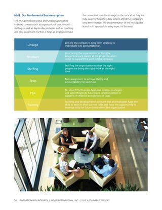 NMs: our fundamental business system                              the connection from the strategic to the tactical, so they are
                                                                  fully aware of how their daily actions affect the company’s
the nMs provides practical and tangible approaches
                                                                  long-term strategy. the implementation of the nMs guides
to broad concepts such as organizational structure and
                                                                  novus in its approach to every aspect of business.
staffing, as well as day-to-day processes such as coaching
and task assignment. Further, it helps all employees make



                                                  Linking the company’s long-term strategy to
             Linkage                              individuals’ key accountabilities


                                                  Structuring the organization so that the
            Structure                             proper roles are placed at the proper levels in
                                                  order to support the work of the company

                                                  Staffing the organization so that the right
             Stafﬁng                              people are doing the right work at the right
                                                  time


                                                  Task assignment to achieve clarity and
              Tasks                               accountability for each task


                                                  Personal Effectiveness Appraisal enables managers
               PEA                                and subordinates to have open communication in
                                                  support of effective completion of tasks

                                                  Training and development to ensure that all employees have the
            Training                              skills to excel in their current roles and have the opportunity to
                                                  develop skills for future roles within the organization




50   InnovatIon wIth IntegrIty | novus InternatIonal, Inc. | 2010 sustaInabIlIty report
 