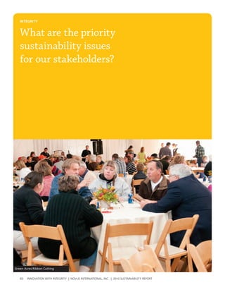 INtegrIty


   What are the priority
   sustainability issues
   for our stakeholders?




Green Acres Ribbon Cutting


   60   InnovatIon wIth IntegrIty | novus InternatIonal, Inc. | 2010 sustaInabIlIty report
 