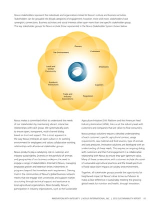 novus stakeholders represent the individuals and organizations linked to novus’s culture and business activities.
stakeholders can be grouped into broad categories of engagement; however, more and more, stakeholders have
synergistic connections. business activities and social interests often span more than one specific stakeholder group.
the key stakeholder groups for novus include those represented in the novus stakeholder system shown below.




                                                                  Owners

                                                                                  Customers
                                         The Environment




                                  Local and                                                 Employees
                                   Global
                                 Community




                                     Academic
                                    Institutions                                        Suppliers



                                                    Trade and
                                                     Industry              Regulators
                                                   Associations




novus makes a committed effort to understand the needs                 agriculture Initiative (saI) platform and the american Feed
of our stakeholders by maintaining vibrant, interactive                Industry association (aFIa), links us at the industry level with
relationships with each group. we systematically work                  customers and companies that are closer to final consumers.
to ensure open, transparent, multi-channel dialog
                                                                       novus product solutions require a detailed understanding
based on trust and respect. this is most apparent in
                                                                       of each customer’s specific agricultural context, usage
the way novus embraces an open culture in its working
                                                                       requirements, raw material and feed sources, type of animals
environment for employees and values collaborative working
                                                                       and cost pressures. Innovative solutions are developed with an
relationships with all external stakeholder groups.
                                                                       understanding of these needs. this requires an ongoing dialog
novus products play a catalyzing role in customer and                  with customers and their full engagement in a collaborative
industry sustainability. Diversity in the portfolio of animals         relationship with novus to ensure they gain optimum value.
and geographies of our business underpins the need to                  Many of these conversations with customers include discussion
engage a range of stakeholders. Internal to novus, managing            of sustainable agricultural practices and the broad spectrum
employee growth and retention drives investments in                    of food value chain impacts on society and environment.
programs beyond the immediate work requirement. gaining
                                                                       together, all stakeholder groups provide the opportunity for
trust in the communities of novus’s global business network
                                                                       heightened impact of novus’s drive to live our Mission to
means that we engage with universities and support market
                                                                       make a clear difference in sustainably meeting the growing
structuring through technical support and assistance to
                                                                       global needs for nutrition and health, through innovation.
local agricultural organizations. More broadly, novus’s
participation in industry organizations, such as the sustainable



                                        InnovatIon wIth IntegrIty | novus InternatIonal, Inc. | 2010 sustaInabIlIty report                61
 