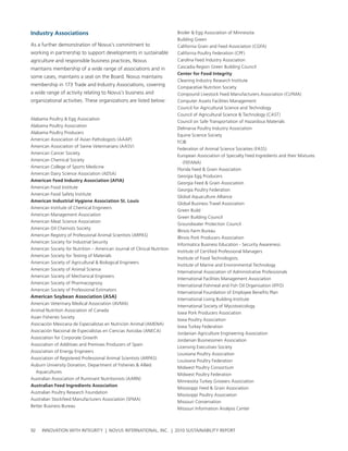 Industry associations                                                     broiler & egg association of Minnesota
                                                                          building green
as a further demonstration of novus’s commitment to                       california grain and Feed association (cgFa)
working in partnership to support developments in sustainable             california poultry Federation (cpF)
agriculture and responsible business practices, novus                     carolina Feed Industry association
maintains membership of a wide range of associations and in               cascadia region green building council
                                                                          Center for Food Integrity
some cases, maintains a seat on the board. novus maintains
                                                                          cleaning Industry research Institute
membership in 173 trade and Industry associations, covering               comparative nutrition society
a wide range of activity relating to novus’s business and                 compound livestock Feed Manufacturers association (clFMa)
organizational activities. these organizations are listed below:          computer assets Facilities Management
                                                                          council for agricultural science and technology
                                                                          council of agricultural science & technology (cast)
alabama poultry & egg association
                                                                          council on safe transportation of hazardous Materials
alabama poultry association
                                                                          Delmarva poultry Industry association
alabama poultry producers
                                                                          equine science society
american association of avian pathologists (aaap)
                                                                          FcIb
american association of swine veterinarians (aasv)
                                                                          Federation of animal science societies (Fass)
american cancer society
                                                                          european association of specialty Feed Ingredients and their Mixtures
american chemical society
                                                                              (FeFana)
american college of sports Medicine
                                                                          Florida Feed & grain association
american Dairy science association (aDsa)
                                                                          georgia egg producers
american Feed Industry association (aFIa)
                                                                          georgia Feed & grain association
american Food Institute
                                                                          georgia poultry Federation
american Food safety Institute
                                                                          global aquaculture alliance
american Industrial Hygiene association st. louis
                                                                          global business travel association
american Institute of chemical engineers
                                                                          green build
american Management association
                                                                          green building council
american Meat science association
                                                                          groundwater protection council
american oil chemists society
                                                                          Illinois Farm bureau
american registry of professional animal scientists (arpas)
                                                                          Illinois pork producers association
american society for Industrial security
                                                                          Informatica business education - security awareness
american society for nutrition – american Journal of clinical nutrition
                                                                          Institute of certified professional Managers
american society for testing of Materials
                                                                          Institute of Food technologists
american society of agricultural & biological engineers
                                                                          Institute of Marine and environmental technology
american society of animal science
                                                                          International association of administrative professionals
american society of Mechanical engineers
                                                                          International Facilities Management association
american society of pharmacognosy
                                                                          International Fishmeal and Fish oil organisation (IFFo)
american society of professional estimators
                                                                          International Foundation of employee benefits plan
american soybean association (asa)
                                                                          International living building Institute
american veterinary Medical association (avMa)
                                                                          International society of Mycotoxicology
animal nutrition association of canada
                                                                          Iowa pork producers association
asian Fisheries society
                                                                          Iowa poultry association
asociación Mexicana de especialistas en nutrición animal (aMena)
                                                                          Iowa turkey Federation
asociación nacional de especialistas en ciencias avícolas (aneca)
                                                                          Jordanian agriculture engineering association
association for corporate growth
                                                                          Jordanian businessmen association
association of additives and premixes producers of spain
                                                                          licensing executives society
association of energy engineers
                                                                          louisiana poultry association
association of registered professional animal scientists (arpas)
                                                                          louisiana poultry Federation
auburn university Donation, Department of Fisheries & allied
                                                                          Midwest poultry consortium
  aquacultures
                                                                          Midwest poultry Federation
australian association of ruminant nutritionists (aarn)
                                                                          Minnesota turkey growers association
australian Feed Ingredients association
                                                                          Mississippi Feed & grain association
australian poultry research Foundation
                                                                          Mississippi poultry association
australian stockfeed Manufacturers association (sFMa)
                                                                          Missouri conservation
better business bureau
                                                                          Missouri Information analysis center



92   InnovatIon wIth IntegrIty | novus InternatIonal, Inc. | 2010 sustaInabIlIty report
 