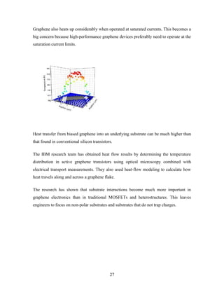 Graphene also heats up considerably when operated at saturated currents. This becomes a
big concern because high-performance graphene devices preferably need to operate at the
saturation current limits.
Heat transfer from biased graphene into an underlying substrate can be much higher than
that found in conventional silicon transistors.
The IBM research team has obtained heat flow results by determining the temperature
distribution in active graphene transistors using optical microscopy combined with
electrical transport measurements. They also used heat-flow modeling to calculate how
heat travels along and across a graphene flake.
The research has shown that substrate interactions become much more important in
graphene electronics than in traditional MOSFETs and heterostructures. This leaves
engineers to focus on non-polar substrates and substrates that do not trap charges.
27
 