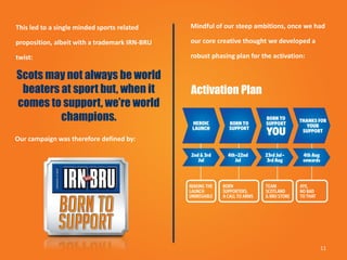 11
Scots may not always be world
beaters at sport but, when it
comes to support, we’re world
champions.
This led to a single minded sports related
proposition, albeit with a trademark IRN-BRU
twist:
Our campaign was therefore defined by:
Mindful of our steep ambitions, once we had
our core creative thought we developed a
robust phasing plan for the activation:
Activation Plan
 