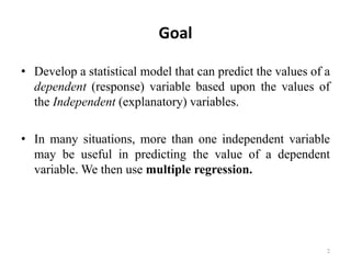 Goal
• Develop a statistical model that can predict the values of a
dependent (response) variable based upon the values of
the Independent (explanatory) variables.
• In many situations, more than one independent variable
may be useful in predicting the value of a dependent
variable. We then use multiple regression.
2
 
