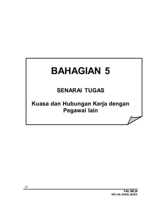 17
FAIL MEJA
GPK HAL EHWAL MURID
BAHAGIAN 5
SENARAI TUGAS
Kuasa dan Hubungan Kerja dengan
Pegawai lain
 