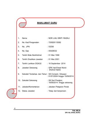 4
FAIL MEJA
GPK HAL EHWAL MURID
MAKLUMAT GURU
1. Nama : NOR LAILI BINTI RAZALI
2. No. Kad Pengenalan : 720828115082
3. No. JPN : 53256
4. No. Gaji : 05428032
5. Tarikh Mula Berkhidmat : 01 Mac 1998
6. Tarikh Disahkan Jawatan : 01 Mac 2001
7. Tarikh Lantikan DGA32 : 16 September 2014
8. Jawatan Sekarang : GPK Hal Ehwal Murid
: DGA32 Hakiki
9. Sekolah Terdahulu dan Tahun : SK Convent, Sitiawan
. : 01/01/2004 hingga 15/09/2014
10. Sekolah Sekarang : SK Seri Pangkor,
: 16/09/2014 hingga sekarang
11. Jabatan/Kementerian : Jabatan Pelajaran Perak
12. Status Jawatan : Tetap dan berpencen
 