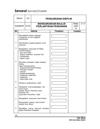44
FAIL MEJA
GPK HAL EHWAL MURID
Senarai Semak/Cheklist
Aktiviti 6.2 PENGURUSAN DISPLIN
Subaktiviti 6.2.6
MENGURUSKAN MAJLIS
PERLANTIKAN PENGAWAS
Muka
surat
ini
3 / 3
Bil Aktiviti Tindakan Catatan
1
2
3
4
5
6
7
8
Menyediakan kertas cadangan
membentuk JK dan anggaran
perbelanjaan
Membentang kepada pengetua untuk
kelulusan
Mengadakan mesyuarat JK Majlis
membincangkan :
- Atur cara majlis
- Tetamu kehormat / jemputan lain
- Perbelanjaan
- Agihan tugas
Memantau persiapan majlis mengikut
bidang
tugas masing-masing :
- Jemputan/Sambutan/Protokol
- Persiapan tempat
- Jamuan
- Hadiah/cenderamata
- Pengacara majlis/Doa
- kebersihan
- tugas-tugas khas
Mengurus perlaksanaan majlis
Menghantar surat penghargaan dan
terima kasih
kepada Tetamu Kehormat serta
jemputan lain
yang hadir menyerikan majlis
Mengadakan mesyuarat ‘post-mortem’
Menyerahkan laporan ‘post-mortem’
kepada Guru Besar
Memfailkan semua dokumen berkaitan
Majlis Pelantikan Pengawas
 