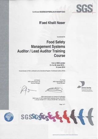 Lead Auditor FSMS & PAS Certificate