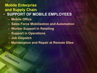 Mobile Enterprise
and Supply Chain
• SUPPORT OF MOBILE EMPLOYEES
– Mobile Office
– Sales Force Mobilization and Automation
– Worker Support in Retailing
– Support in Operations
– Job Dispatch
– Maintenance and Repair at Remote Sites
 