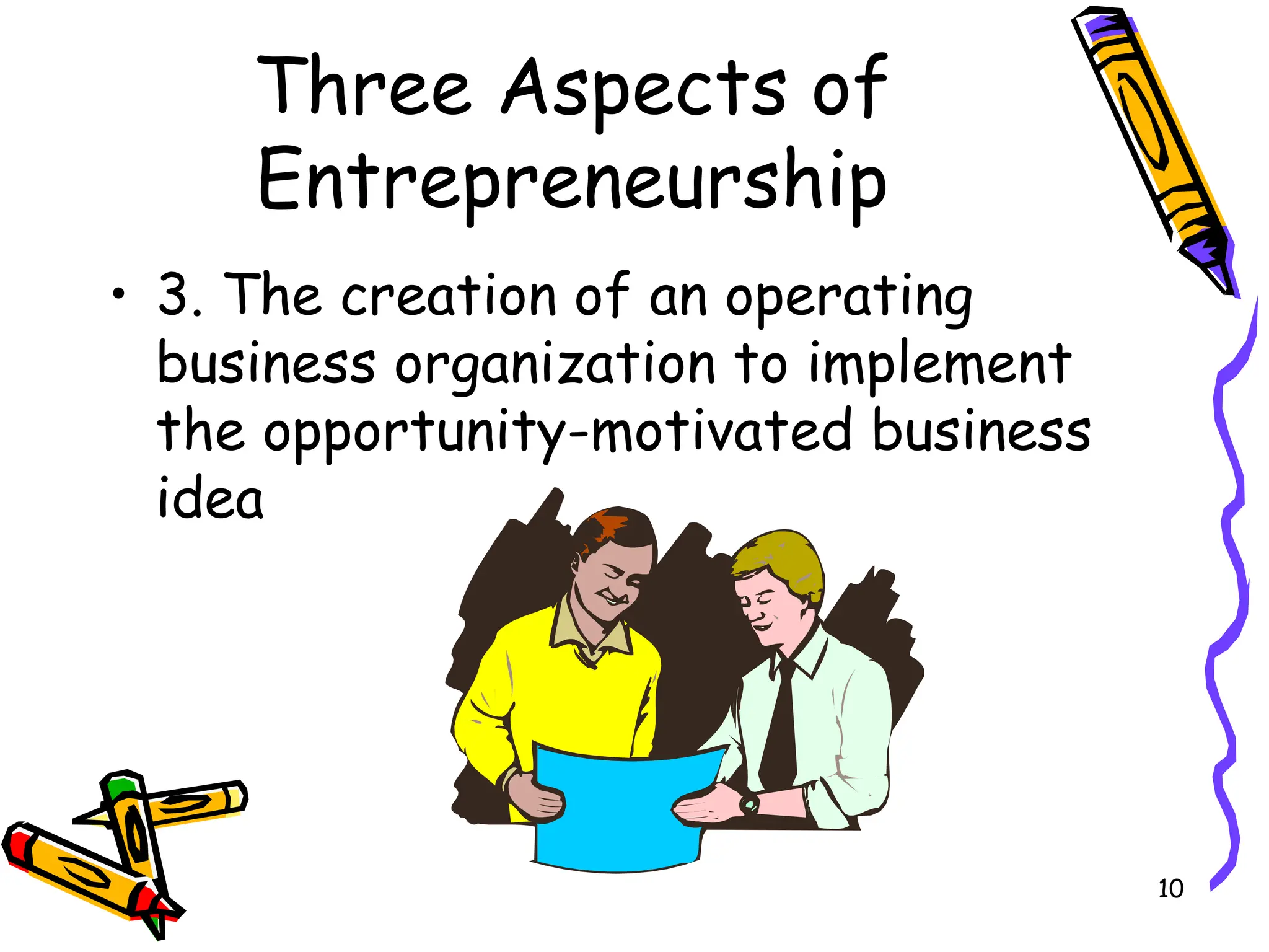 10
Three Aspects of
Entrepreneurship
• 3. The creation of an operating
business organization to implement
the opportunity-motivated business
idea
 