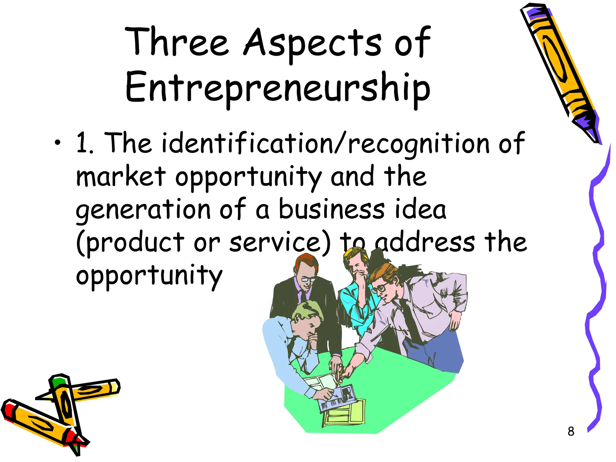 8
Three Aspects of
Entrepreneurship
• 1. The identification/recognition of
market opportunity and the
generation of a business idea
(product or service) to address the
opportunity
 