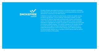 Gungho Design was asked to produce a smoking cessation campaign
that adhered to the national Smokefree branding guidelines and yet still
allowed for a local focus for NHS Harrow.
Collateral included: posters for pharmacies, posters for public access
locations (eg libraries, council offices), information leaﬂets, an aide
memoire for referrers (eg health professionals), stickers and business
cards. One element of the campaign was a speciﬁc poster campaign
intended to highlight the number of people in Harrow that die each year
of smoking-related disease. This statistic equates to 10 double-decker
bus loads which gave the ﬁgure perspective. Gungho carried out a
publicised photoshoot in front of the Harrow Civic Offices involving
an Arriva double-decker bus, a number of NHS Harrow staff as well as
several members of the public.
 