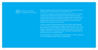 Regent’s College Conference Centre commissioned Gungho to revamp
and develop its corporate folder and hospitality menus.
The client considered the existing marketing material to be very “clunky”,
cluttered and old fashioned. Gungho was asked to develop a stylish,
creative treatment that would appeal to corporate clients and reﬂect the
location of the conference centre within Regent’s Park. However, the
key stipulation within the brief was that they did not want to use any
imagery of the building or the park itself.
Gungho created an illustrative approach with a ribbon style sweeping
in a circular motion signifying the college’s address at Inner Circle. The
ribbons were cleverly employed to create a sense of texture, such as that
of grass, linking elements of the environment but without using actual
images of the park or conference centre. The folder included a spot UV
ﬁnish to add a touch of sophistication.
The overall design is very elegant and contemporary – which is precisely
how the conference centre wants to be perceived.
 