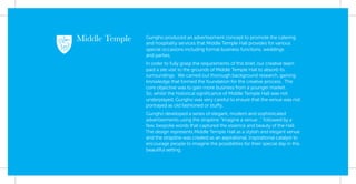 Gungho produced an advertisement concept to promote the catering
and hospitality services that Middle Temple Hall provides for various
special occasions including formal business functions, weddings
and parties.
In order to fully grasp the requirements of this brief, our creative team
paid a site visit to the grounds of Middle Temple Hall to absorb its
surroundings. We carried out thorough background research, gaining
knowledge that formed the foundation for the creative process. The
core objective was to gain more business from a younger market.
So, whilst the historical signiﬁcance of Middle Temple Hall was not
underplayed, Gungho was very careful to ensure that the venue was not
portrayed as old fashioned or stuffy.
Gungho developed a series of elegant, modern and sophisticated
advertisements using the strapline “Imagine a venue…” followed by a
few, bespoke words that captured the essence and beauty of the Hall.
The design represents Middle Temple Hall as a stylish and elegant venue
and the strapline was created as an aspirational, inspirational catalyst to
encourage people to imagine the possibilities for their special day in this
beautiful setting.
 