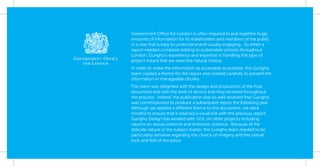 Government Office for London is often required to pull together huge
amounts of information for its stakeholders and members of the public
in a way that is easy to understand and visually engaging. So when a
report needed compiled relating to sustainable schools throughout
London, Gungho’s experience and expertise in handling this type of
project meant that we were the natural choice.
In order to make the information as accessible as possible, the Gungho
team created a theme for the report and worked carefully to present the
information in manageable chunks.
The client was delighted with the design and production of the ﬁnal
document and with the level of service that they received throughout
the process. Indeed, the publication was so well received that Gungho
was commissioned to produce a subsequent report the following year.
Although we applied a different theme to this document, we were
mindful to ensure that it retained a visual link with the previous report.
Gungho Design has worked with GOL on other projects including
reports on sexual violence and domestic violence. Because of the
delicate nature of the subject matter, the Gungho team needed to be
particularly sensitive regarding the choice of imagery and the overall
look and feel of the piece.
 