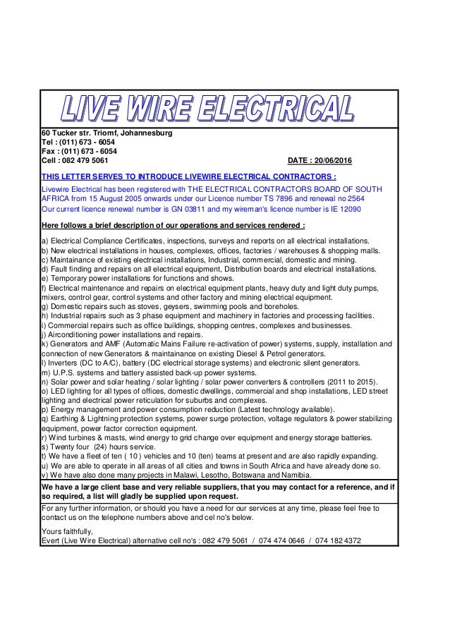 letter of introduction of livewire electrical contractors 5 sample business letters