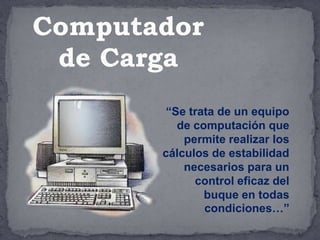 “Se trata de un equipo
de computación que
permite realizar los
cálculos de estabilidad
necesarios para un
control eficaz del
buque en todas
condiciones…”
Computador
de Carga
 