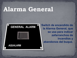 Switch de encendido de
la Alarma General, que
se usa para indicar
zafarranchos de
incendios y
abandonos del buque.
Alarma General
 
