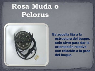 Es aquella fija a la
estructura del buque,
solo sirve para dar la
orientación relativa
con relación a la proa
del buque.
Rosa Muda o
Pelorus
 