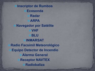 Inscriptor de Rumbos
Ecosonda
Radar
ARPA
Navegador por Satélite
VHF
BLU
INMARSAT
Radio Facsímil Meteorológico
Equipo Detector de Incendio
Alarma General
Receptor NAVTEX
Radiobaliza
 