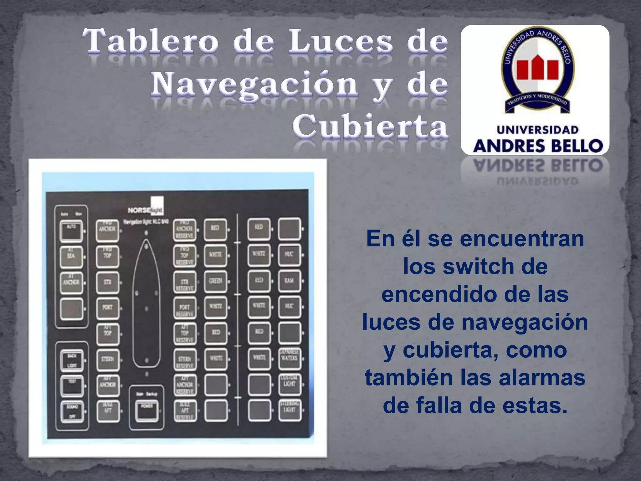 En él se encuentran
los switch de
encendido de las
luces de navegación
y cubierta, como
también las alarmas
de falla de estas.
 