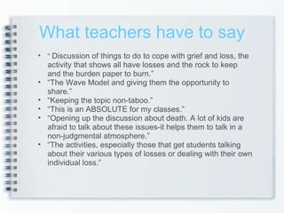 What teachers have to say “  Discussion of things to do to cope with grief and loss, the activity that shows all have losses and the rock to keep and the burden paper to burn.” “ The Wave Model and giving them the opportunity to share.” “ Keeping the topic non-taboo.” “ This is an ABSOLUTE for my classes.” “ Opening up the discussion about death. A lot of kids are afraid to talk about these issues-it helps them to talk in a non-judgmental atmosphere.” “ The activities, especially those that get students talking about their various types of losses or dealing with their own individual loss.” 