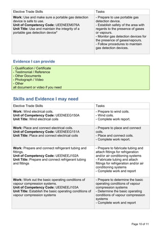 Evidence I can provide
Skills and Evidence I may need
Elective Trade Skills Tasks
Page 10 of 11
Elective Trade Skills Tasks
Work: Use and make sure a portable gas detection
device is safe to use.
Unit of Competency Code: UEENEEM076A
Unit Title: Use and maintain the integrity of a
portable gas detection device*
- Prepare to use portable gas
detection device.
- Establish safety of the area with
regards to the presence of gases
or vapours.
- Monitor gas detection devices for
the presence of gases/vapours.
- Follow procedures to maintain
gas detection devices.
- Qualification / Certificate
- Testimonial / Reference
- Other Documents
- Photograph / Video
- Other
all document or video if you need
Work: Wind electrical coils.
Unit of Competency Code: UEENEEG150A
Unit Title: Wind electrical coils
- Prepare to wind coils.
- Wind coils.
- Complete work report.
Work: Place and connect electrical coils.
Unit of Competency Code: UEENEEG151A
Unit Title: Place and connect electrical coils
- Prepare to place and connect
coils.
- Place and connect coils.
- Complete work report.
Work: Prepare and connect refrigerant tubing and
fittings.
Unit of Competency Code: UEENEEJ102A
Unit Title: Prepare and connect refrigerant tubing
and fittings
- Prepare to fabricate tubing and
attach fittings for refrigeration
and/or air conditioning systems
- Fabricate tubing and attach
fittings for refrigeration and/or air
conditioning systems
- Complete work and report
Work: Work out the basic operating conditions of
vapour compression systems.
Unit of Competency Code: UEENEEJ103A
Unit Title: Establish the basic operating conditions of
vapour compression systems
- Prepare to determine the basic
operating conditions of vapour
compression systems
- Determine the basic operating
conditions of vapour compression
systems
- Complete work and report
 