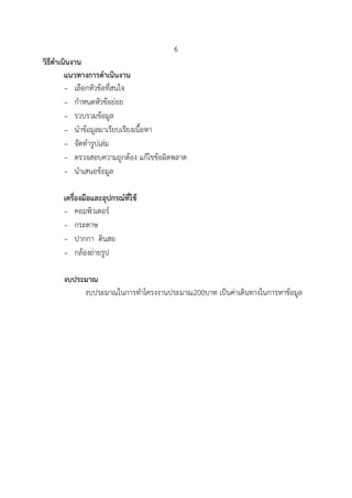 6
วิธีดาเนินงาน
แนวทางการดาเนินงาน
- เลือกหัวข้อที่สนใจ
- กาหนดหัวข้อย่อย
- รวบรวมข้อมูล
- นาข้อมูลมาเรียบเรียงเนื้อหา
- จัดทารูปเล่ม
- ตรวจสอบความถูกต้อง แก้ไขข้อผิดพลาด
- นาเสนอข้อมูล
เครื่องมือและอุปกรณ์ที่ใช้
- คอมพิวเตอร์
- กระดาษ
- ปากกา ดินสอ
- กล้องถ่ายรูป
งบประมาณ
งบประมาณในการทาโครงงานประมาณ200บาท เป็นค่าเดินทางในการหาข้อมูล
 