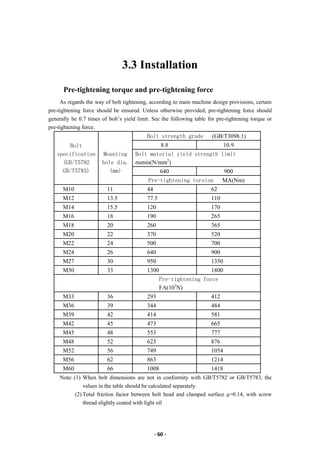 - 60 -
3.3 Installation
Pre-tightening torque and pre-tightening force
As regards the way of bolt tightening, according to main machine design provisions, certain
pre-tightening force should be ensured. Unless otherwise provided, pre-tightening force should
generally be 0.7 times of bolt’s yield limit. See the following table for pre-tightening torque or
pre-tightening force.
Bolt
specification
(GB/T5782
GB/T5783)
Mounting
hole dia.
(mm)
Bolt strength grade (GB/T3098.1)
8.8 10.9
Bolt material yield strength limit
σsmin(N/mm2
)
640 900
Pre-tightening torsion MA(Nm)
M10 11 44 62
M12 13.5 77.5 110
M14 15.5 120 170
M16 18 190 265
M18 20 260 365
M20 22 370 520
M22 24 500 700
M24 26 640 900
M27 30 950 1350
M30 33 1300 1800
Pre-tightening force
FA(103
N)
M33 36 293 412
M36 39 344 484
M39 42 414 581
M42 45 473 665
M45 48 553 777
M48 52 623 876
M52 56 749 1054
M56 62 863 1214
M60 66 1008 1418
Note: (1) When bolt dimensions are not in conformity with GB/T5782 or GB/T5783, the
values in the table should be calculated separately.
(2) Total friction factor between bolt head and clamped surface μ=0.14, with screw
thread slightly coated with light oil
 