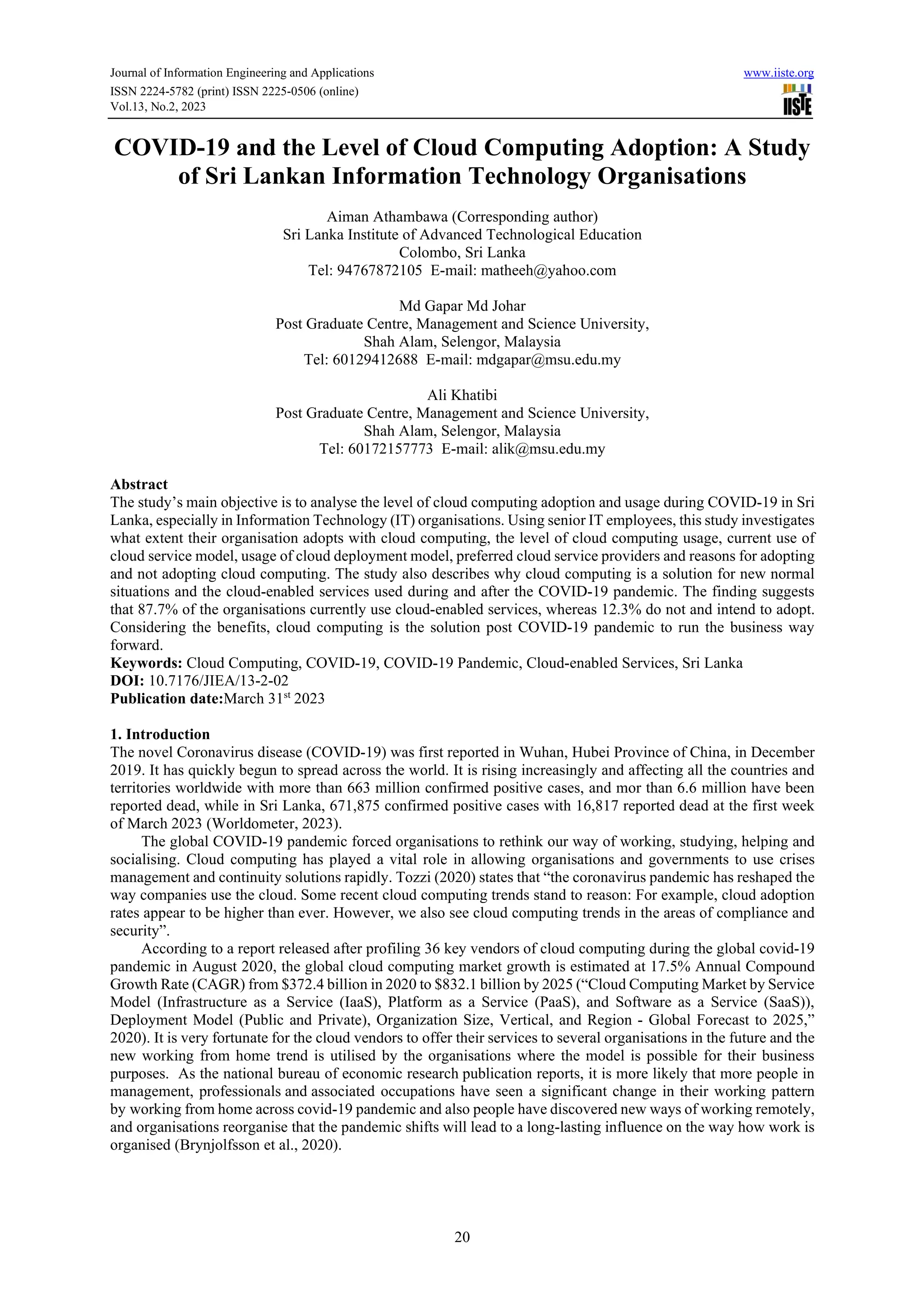 COVID-19 and the Level of Cloud Computing Adoption: A Study of Sri ...