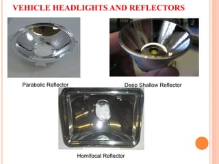 VEHICLE HEADLIGHTS AND REFLECTORS
Parabolic Reflector Deep Shallow Reflector
Homifocal Reflector
 