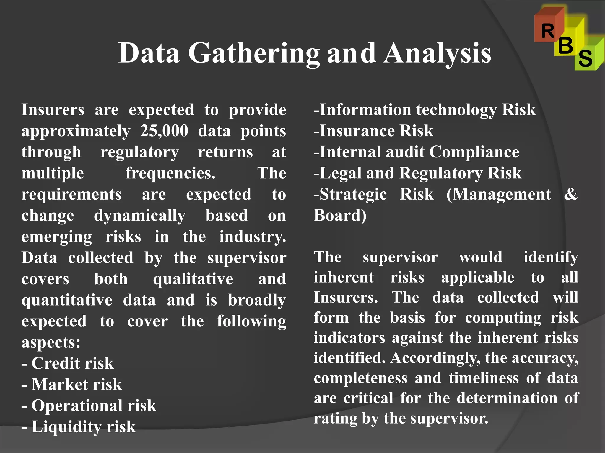 Data Gathering and Analysis
Insurers are expected to provide
approximately 25,000 data points
through regulatory returns at
multiple frequencies. The
requirements are expected to
change dynamically based on
emerging risks in the industry.
Data collected by the supervisor
covers both qualitative and
quantitative data and is broadly
expected to cover the following
aspects:
- Credit risk
- Market risk
- Operational risk
- Liquidity risk
-Information technology Risk
-Insurance Risk
-Internal audit Compliance
-Legal and Regulatory Risk
-Strategic Risk (Management &
Board)
The supervisor would identify
inherent risks applicable to all
Insurers. The data collected will
form the basis for computing risk
indicators against the inherent risks
identified. Accordingly, the accuracy,
completeness and timeliness of data
are critical for the determination of
rating by the supervisor.
S
B
R
 