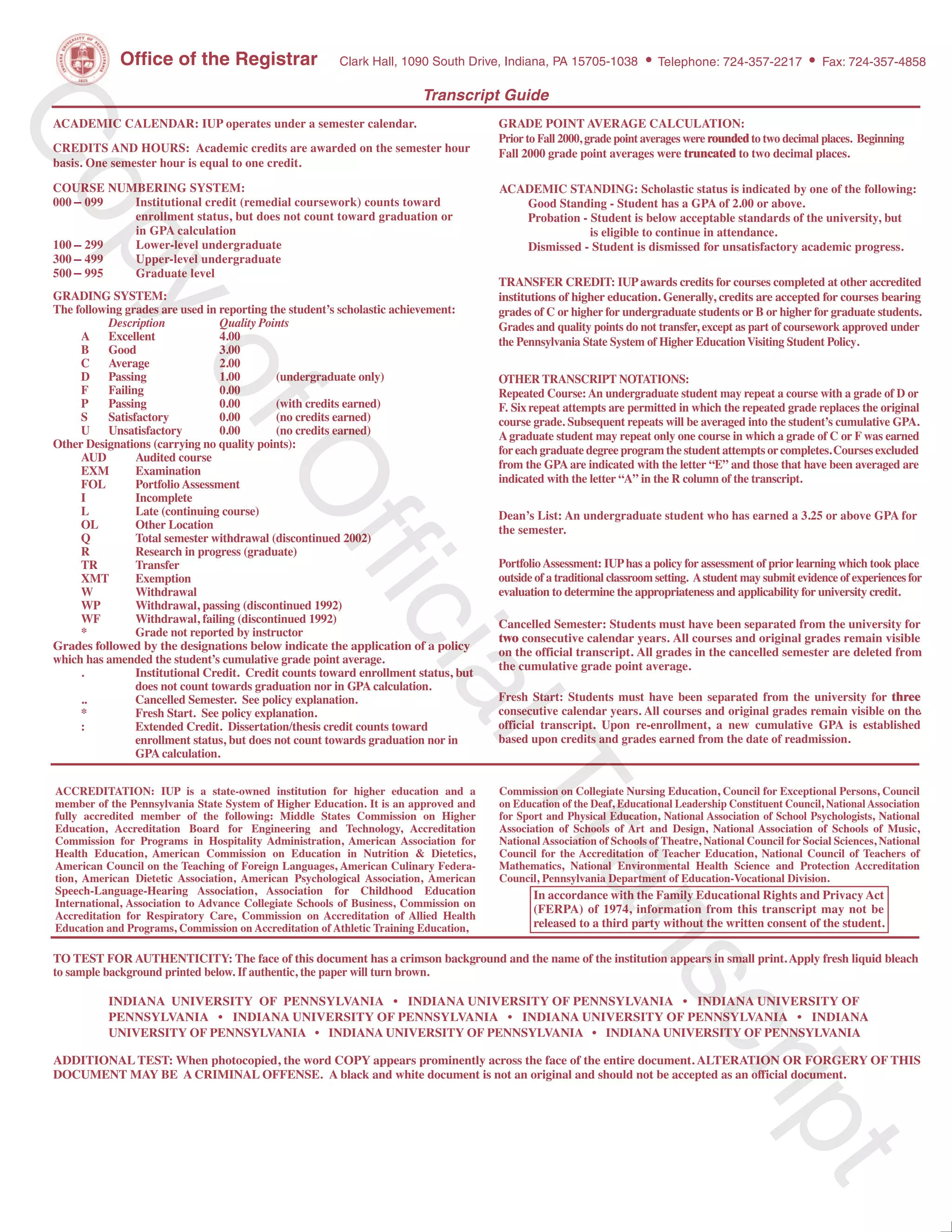 Office of the Registrar Clark Hall, 1090 South Drive, Indiana, PAPP 15705-1038 TelephTT one: 724-357-2217 Fax: 724-357-4858
TrTT anrr scriprr t Guit dedd
rorr uoo nuu ded
trunrr catedd
two
three
CopyofOfficialTranscript
 