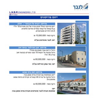L.N.B.R ENGINEERS L.T.D
‫ד‬ ‫ו‬ ‫מ‬ ‫ע‬|10
‫פרויקטים‬ ‫ייזום‬
"‫האיילות‬ ‫"אגן‬ ‫פרויקט‬‫זאב‬ ‫גבעת‬
‫ה‬ ‫ניהול‬‫ייזום‬‫מחו"ל‬ ‫משקיעים‬ ‫עבור‬
‫ניהול‬‫ו‬‫הקמת‬ ‫על‬ ‫פיקוח‬19‫זאב‬ ‫בגבעת‬ ‫מגורים‬ ‫מבני‬
‫סה"כ‬76‫יח"ד‬
:‫כספי‬ ‫היקף‬60,000,000₪
:‫יזם‬‫האיילות‬ ‫עמק‬ ‫נופי‬‫בע"מ‬
"‫הגבעה‬ ‫על‬ ‫"הבית‬ ‫פרויקט‬-‫חולון‬
‫מגורים‬ ‫בנין‬ ‫של‬ ‫ובניה‬ ‫תכנון‬ ‫הכולל‬ ‫פרויקט‬ ‫ייזום‬18‫יח"ד‬
‫בן‬6.‫מחסנים‬ ‫ומרתף‬ ‫עמודים‬ ‫קומת‬ ‫על‬ ‫קומות‬
3,4,5.‫ופנטהאוזים‬ ‫חדרים‬
‫היקף‬‫כספי‬:10,000,000₪
‫בע"מ‬ ‫מהנדסים‬ ‫לנבר‬ :‫יזם‬
‫פרויק‬‫ט‬‫שמש‬ ‫בית‬ ‫רמת‬
‫ייזום‬‫ובניו‬ ‫ששון‬ ‫עזרא‬ ‫חברת‬ ‫עם‬ ‫בשותפות‬
‫בניית‬ ‫על‬ ‫ופיקוח‬ ‫ניהול‬40‫שמש‬ ‫ברמת‬ ‫יוקרתיים‬ ‫קוטג'ים‬
‫מ‬ ‫מתחם‬-3
:‫כספי‬ ‫היקף‬40,000,000₪
:‫יזם‬
‫ובניו‬ ‫ששון‬ ‫עזרא‬ ‫וחברת‬ ‫מהנדסים‬ ‫לנבר‬ ‫חברת‬ ‫שותפות‬
 