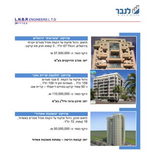 L.N.B.R ENGINEERS L.T.D
‫ד‬ ‫ו‬ ‫מ‬ ‫ע‬|14
" ‫פרויקט‬‫שטראוס‬"‫ירושלים‬
‫יוקרתי‬ ‫מגורים‬ ‫מגדל‬ ‫הקמת‬ ‫על‬ ‫ופיקוח‬ ‫ניהול‬ ,‫תיאום‬
‫בירושל‬‫הכולל‬ ,‫ים‬67, ‫יח"ד‬3.‫קרקעי‬ ‫תת‬ ‫חניון‬ ‫קומות‬
‫היקף‬:‫כספי‬‫כ‬-37,500,000₪
‫בע"מ‬ ‫פרויקטים‬ ‫מנרב‬ :‫יזם‬
" ‫פרויקט‬‫קר‬ ‫חלומות‬‫י‬‫אונו‬ ‫ית‬"
‫הקמת‬ ‫על‬ ‫ופיקוח‬ ‫ניהול‬6‫מגורים‬ ‫מבני‬
159‫ל‬ ‫חוץ‬ ‫תשתיות‬ , ‫יח"ד‬-159, ‫יח"ד‬
‫ו‬-50‫צמוד‬‫י‬‫רייספלד‬ ‫בפרדס‬ ‫קרקע‬–.‫אונו‬ ‫קריית‬
‫היקף‬:‫כספי‬‫כ‬-110,000,000₪.
‫בע"מ‬ ‫נדל"ן‬ ‫ובינוי‬ ‫שיכון‬ :‫יזם‬
" ‫פרויקט‬‫אשדוד‬ ‫משכנות‬"
,‫באשדוד‬ ‫מגורים‬ ‫מגדל‬ ‫הקמת‬ ‫על‬ ‫ופיקוח‬ ‫ניהול‬ ,‫תכנון‬ ‫תיאום‬
18,‫קומות‬72.‫יח"ד‬
‫היקף‬:‫כספי‬‫כ‬-50,000,000₪.
‫רכישה‬ ‫קבוצת‬ :‫יזם‬–‫אשדוד‬ ‫משכנות‬ ‫עמותת‬
 