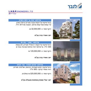 L.N.B.R ENGINEERS L.T.D
‫ד‬ ‫ו‬ ‫מ‬ ‫ע‬|15
" ‫פרויקט‬‫גן‬ ‫נווה‬"‫השרון‬ ‫רמת‬
‫מג‬ ‫מבנה‬ ‫הקמת‬ ‫על‬ ‫ופיקוח‬ ‫ניהול‬‫השרון‬ ‫ברמת‬ ‫ורים‬
12‫מכיל‬ ‫המבנה‬ ,‫מרתף‬ ‫קומת‬ ‫מעל‬ ‫קומות‬34.‫יח"ד‬
‫היקף‬:‫כספי‬‫כ‬-32,000,000₪.
‫בע"מ‬ ‫בניה‬ ‫אשדר‬ :‫יזם‬
" ‫פרויקט‬ONE"‫ים‬ ‫בת‬
‫הקמת‬ ‫על‬ ‫ופיקוח‬ ‫ניהול‬3,‫מגורים‬ ‫מגדלי‬23‫קומות‬
300‫ים‬ ‫בבת‬ ‫סביבתי‬ ‫ופיתוח‬ ‫חניה‬ ‫מרתפי‬ ‫על‬ ,‫יח"ד‬
‫היקף‬:‫כספי‬‫כ‬-120,000,000₪
‫בע"מ‬ ‫בניה‬ ‫אשדר‬ :‫יזם‬
" ‫פרויקט‬‫השרון‬ ‫מרום‬"‫יצחק‬ ‫צור‬
,‫מגורים‬ .‫שצ"פים‬ ,‫כבישים‬ ,‫תשתיות‬ ‫תכנון‬ ,‫ופיקוח‬ ‫ניהול‬
‫קרקע‬ ‫וצמודי‬ ‫רוויה‬-900.‫יח"ד‬
‫היקף‬:‫כספי‬‫כ‬-520,000,000₪.‫בשלבים‬
:‫יזם‬‫בע"מ‬ ‫מוגבלת‬ ‫שותפות‬ ‫שומרון‬ ‫יובלי‬
 