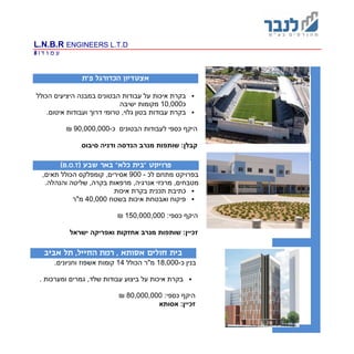L.N.B.R ENGINEERS L.T.D
‫ד‬ ‫ו‬ ‫מ‬ ‫ע‬|8
‫פ"ת‬ ‫הכדורגל‬ ‫אצטדיון‬
‫במבנה‬ ‫הבטונים‬ ‫עבודות‬ ‫על‬ ‫איכות‬ ‫בקרת‬‫הכולל‬ ‫היציעים‬
‫כ‬10,000‫מקומות‬‫ישיבה‬
‫בקרת‬‫בטון‬ ‫עבודות‬‫טרומי‬ ,‫גלוי‬‫דרוך‬‫ו‬.‫איטום‬ ‫עבודות‬
‫כ‬ ‫הבטונים‬ ‫לעבודות‬ ‫כספי‬ ‫היקף‬-90,000,000₪
‫הנדס‬ ‫מנרב‬ ‫שותפות‬ :‫קבלן‬‫סיבוס‬ ‫ודניה‬ ‫ה‬
( ‫שבע‬ ‫באר‬ "‫כלא‬ ‫"בית‬ ‫פרויקט‬B.O.T)
‫לכ‬ ‫מתחם‬ ‫בפרויקט‬-900‫קו‬ ,‫אסירים‬,‫תאים‬ ‫הכולל‬ ‫מפלקס‬
.‫והנהלה‬ ‫שליטה‬ ,‫בקרה‬ ‫מרפאות‬ ,‫אנרגיה‬ ‫מרכזי‬ ,‫מטבחים‬
‫כתיבת‬‫תכני‬‫איכות‬ ‫בקרת‬ ‫ת‬
‫בשט‬ ‫איכות‬ ‫ואבטחת‬ ‫פיקוח‬‫ח‬40,000‫מ"ר‬
‫היקף‬‫כספי‬:150,000,000₪
‫ישראל‬ ‫ואפריקה‬ ‫אחזקות‬ ‫מנרב‬ ‫שותפות‬ :‫זכיין‬
‫אביב‬ ‫תל‬ ,‫החייל‬ ‫רמת‬ , ‫אסותא‬ ‫חולים‬ ‫בית‬
‫כ‬ ‫בנין‬-18,000‫הכולל‬ ‫מ"ר‬14.‫וחניונים‬ ‫אשפוז‬ ‫קומות‬
. ‫ומערכות‬ ‫גמרים‬ ,‫שלד‬ ‫עבודות‬ ‫ביצוע‬ ‫על‬ ‫איכות‬ ‫בקרת‬
:‫כספי‬ ‫היקף‬80,000,000₪
‫אסותא‬ :‫זכיין‬
 