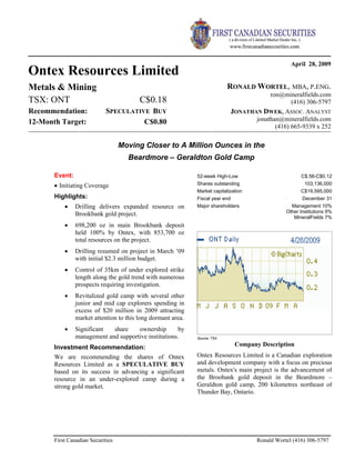 Ontex Resources Limited
April 28, 2009
Metals & Mining
TSX: ONT C$0.18
Recommendation: SPECULATIVE BUY
12-Month Target: C$0.80
RONALD WORTEL, MBA, P.ENG.
ron@mineralfields.com
(416) 306-5797
JONATHAN DWEK, ASSOC. ANALYST
jonathan@mineralfields.com
(416) 665-9339 x 252
Moving Closer to A Million Ounces in the
Beardmore – Geraldton Gold Camp
Event: 52-week High-Low C$.56-C$0.12
Shares outstanding 103,136,000
Market capitalization C$19,595,000
Fiscal year end December 31
Major shareholders Management 10%
Other Institutions 9%
MineralFields 7%
Source: TSX
Company Description
Ontex Resources Limited is a Canadian exploration
and development company with a focus on precious
metals. Ontex's main project is the advancement of
the Broobank gold deposit in the Beardmore –
Geraldton gold camp, 200 kilometres northeast of
Thunder Bay, Ontario.
• Initiating Coverage
Highlights:
• Drilling delivers expanded resource on
Brookbank gold project.
• 698,200 oz in main Brookbank deposit
held 100% by Ontex, with 853,700 oz
total resources on the project.
• Drilling resumed on project in March ’09
with initial $2.3 million budget.
• Control of 35km of under explored strike
length along the gold trend with numerous
prospects requiring investigation.
• Revitalized gold camp with several other
junior and mid cap explorers spending in
excess of $20 million in 2009 attracting
market attention to this long dormant area.
• Significant share ownership by
management and supportive institutions.
Investment Recommendation:
We are recommending the shares of Ontex
Resources Limited as a SPECULATIVE BUY
based on its success in advancing a significant
resource in an under-explored camp during a
strong gold market.
First Canadian Securities Ronald Wortel (416) 306-5797
 