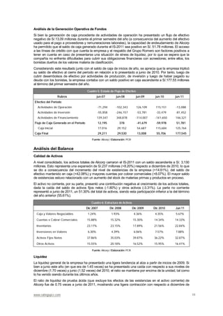 www.ratingspcr.com 11
Análisis de la Generación Operativa de Fondos
Si bien la generación de caja procedente de actividades de operación ha presentado un flujo de efectivo
negativo de S/.13.09 millones durante el primer semestre del año (a consecuencia del aumento del efectivo
usado para el pago a proveedores y remuneraciones laborales), la capacidad de endeudamiento de Alicorp
ha permitido que el saldo de caja generado durante el IS-2011 sea positivo en S/. 51.78 millones. El acceso
a las líneas de crédito con que cuenta la empresa y el respaldo del Grupo Romero son factores positivos a
tener en cuenta en caso de presentarse una situación de stress de liquidez, por lo que se espera que la
compañía no enfrente dificultades para cubrir sus obligaciones financieras con acreedores; entre ellos, los
bonistas dueños de los valores materia de clasificación.
Considerando este resultado junto con el saldo de caja de inicios de año, se aprecia que la empresa triplicó
su saldo de efectivo al cierre del período en relación a lo presentado a junio de 2010. Por tanto, luego de
cubrir desembolsos de efectivo por actividades de producción, de inversión y luego de haber pagado su
deuda con los bonistas, la empresa contaba con un saldo positivo en caja ascendente a S/.177.55 millones
al término del primer semestre del año.
Fuente: Alicorp / Elaboración: PCR
Análisis del Balance
Calidad de Activos
A nivel consolidado, los activos totales de Alicorp cerraron el IS-2011 con un saldo ascendente a S/. 3,130
millones. Esto representa una expansión de S/.237 millones (+8.20%) respecto a diciembre de 2010, lo que
se dio a consecuencia del incremento del nivel de existencias de la empresa (+14.61%), del saldo de
efectivo mantenido en caja (+42.08%) y mayores cuentas por cobrar comerciales (+8.07%). El mayor saldo
de existencias estuvo relacionado con un aumento del stock de materias primas y productos en proceso.
El activo no corriente, por su parte, presentó una contribución negativa al crecimiento de los activos totales,
dada la caída del saldo de activos fijos netos (-1.80%) y otros activos (-3.31%). La parte no corriente
representó a junio de 2011, un 51.30% del total de activos, siendo esta participación inferior a la del término
del año anterior (55.61%).
Cuadro 6: Estructura de Activos
Dic 2007 Dic 2008 Dic 2009 Dic 2010 Jun 11
Caja y Valores Negociables 1.24% 1.93% 4.36% 4.35% 5.67%
Cuentas x Cobrar Comerciales 15.88% 15.32% 15.30% 14.34% 14.33%
Inventarios 23.17% 23.15% 17.89% 21.56% 22.84%
Inversiones en Valores 6.30% 4.39% 6.06% 7.57% 7.88%
Activos Fijos Netos 37.86% 35.03% 39.87% 36.22% 32.87%
Otros Activos 15.55% 20.18% 16.52% 15.95% 16.41%
Fuente: Alicorp / Elaboración: PCR
Liquidez
La liquidez general de la empresa ha presentado una ligera tendencia al alza a partir de inicios de 2009. Si
bien a junio este año (en que era de 1.45 veces) se ha presentado una caída con respecto a sus niveles de
diciembre (1.70 veces) y junio (1.52 veces) del 2010, el ratio se mantiene por encima de la unidad, tal como
lo ha venido siendo durante los últimos años.
El ratio de liquidez de prueba ácida (que excluye los efectos de las existencias en el activo corriente) de
Alicorp fue de 0.75 veces a junio de 2011, mostrando una ligera contracción con respecto a diciembre de
Cuadro 5: Estado de Flujo de Efectivo
Rubros jun-07 jun-08 jun-09 jun-10 jun-11
Efectivo del Periodo
Actividades de Operación -71,294 -102,343 126,109 115,151 -13,088
Actividades de Inversión -55,858 -246,157 -53,781 -33,479 -81,452
Actividades de Financiamiento 139,347 348,878 -114,007 -141,650 146,321
Flujo de Caja Generado en el Periodo 12,195 378 -41,679 -59,978 51,781
Caja Inicial 17,016 29,152 54,687 115,684 125,764
Caja Final 29,211 29,530 13,008 55,706 177,545
 